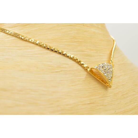 Vintage Crystal Collar Necklace Gold Herringbone Chain Rhinestone Shiny NOS 80s - Picture 6 of 12